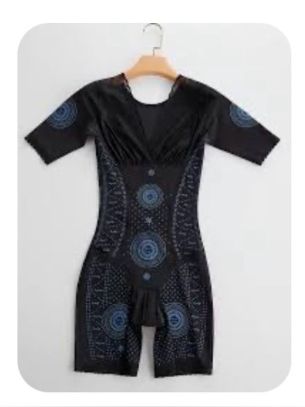 Black Short-Sleeve Patterned Shapewear Bodysuit with Blue Accents